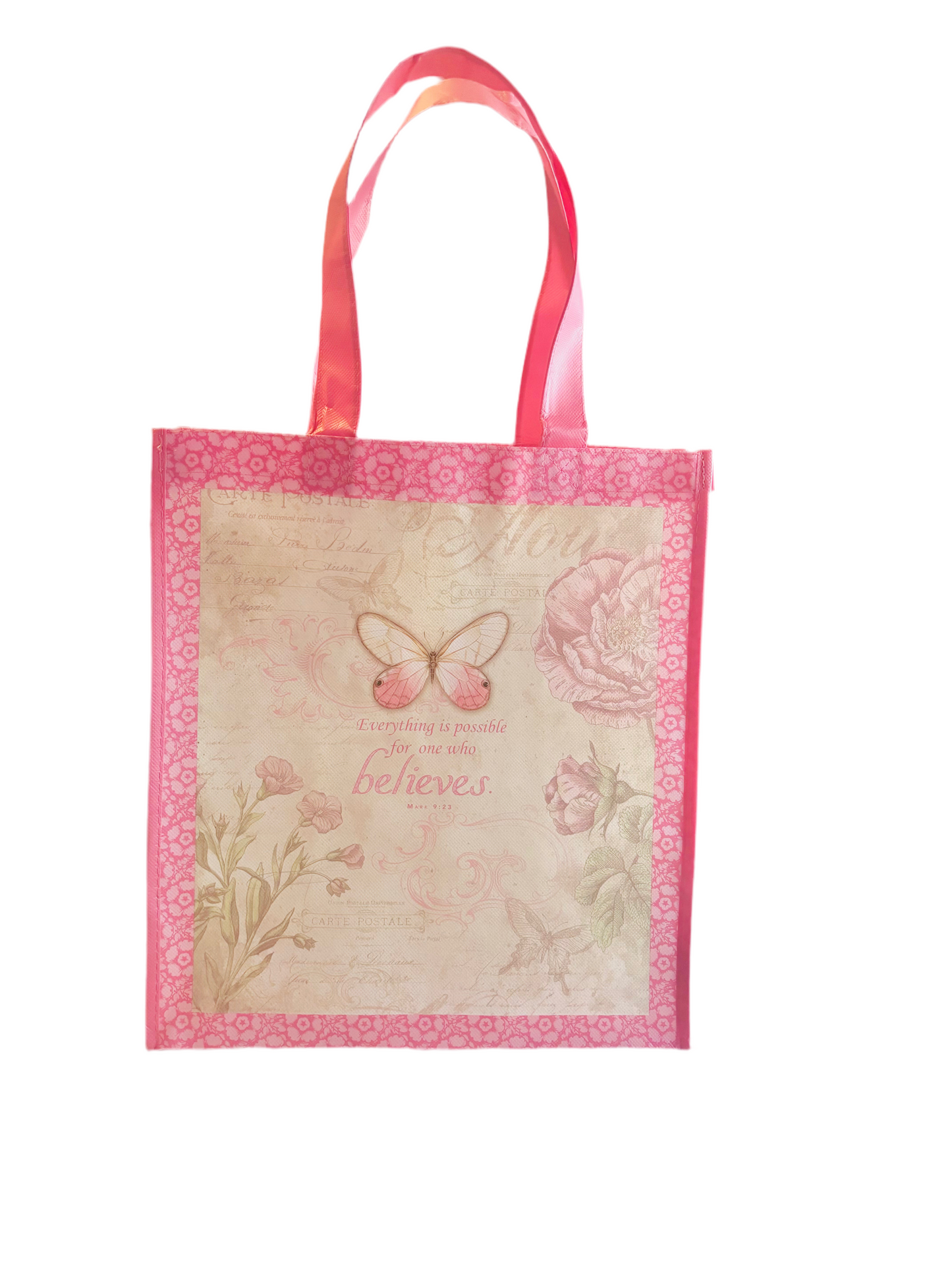 TOTE PINK BUTTERFLY FLORAL BELIEVE MARK 9:23