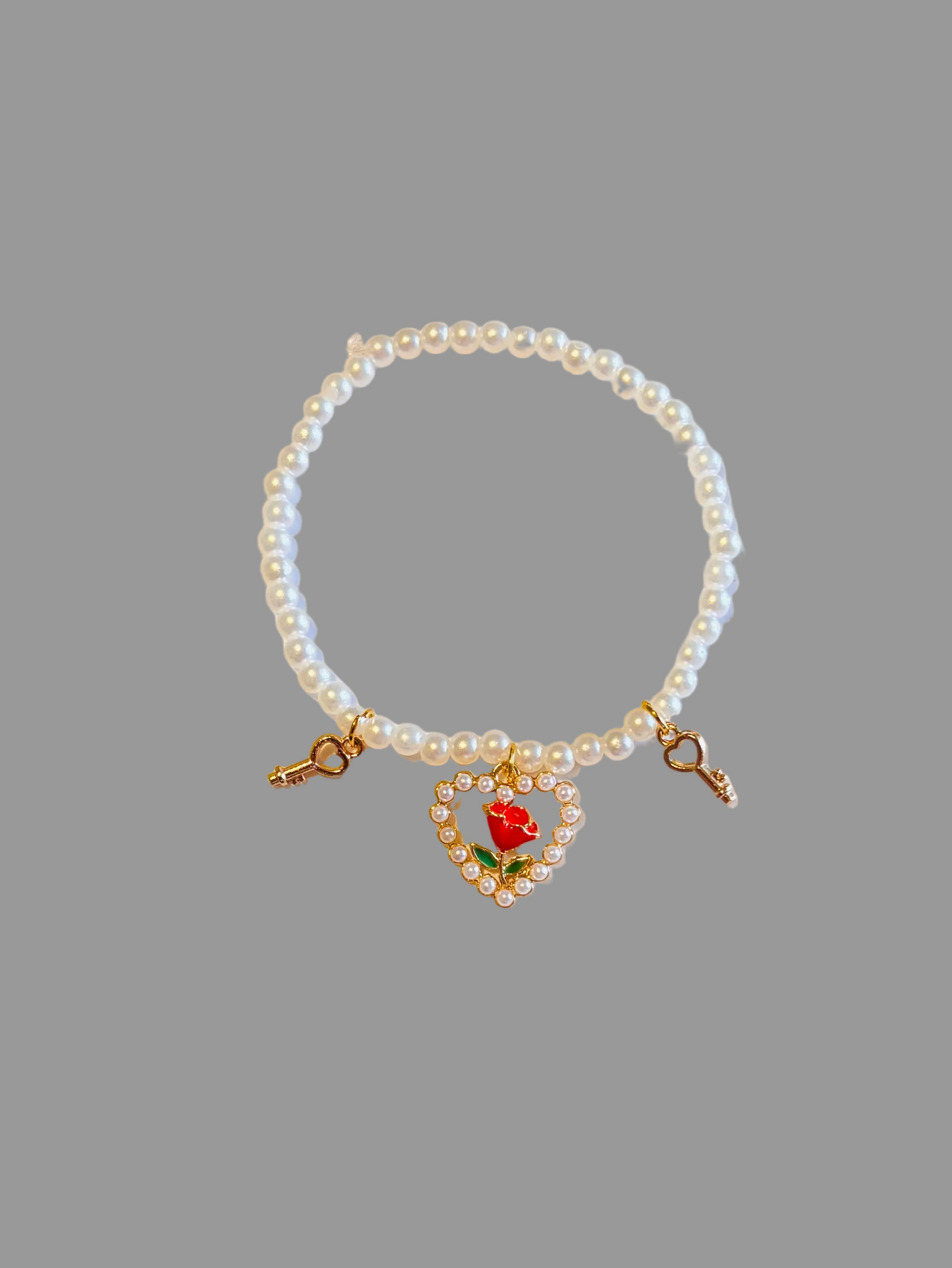 PEARL BEAD ROSE HEART KEY CHARM HANDMADE BRACELET