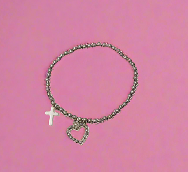 HANDMADE SILVER BEAD HEART CROSS STRETCH BRACELET đź©·
