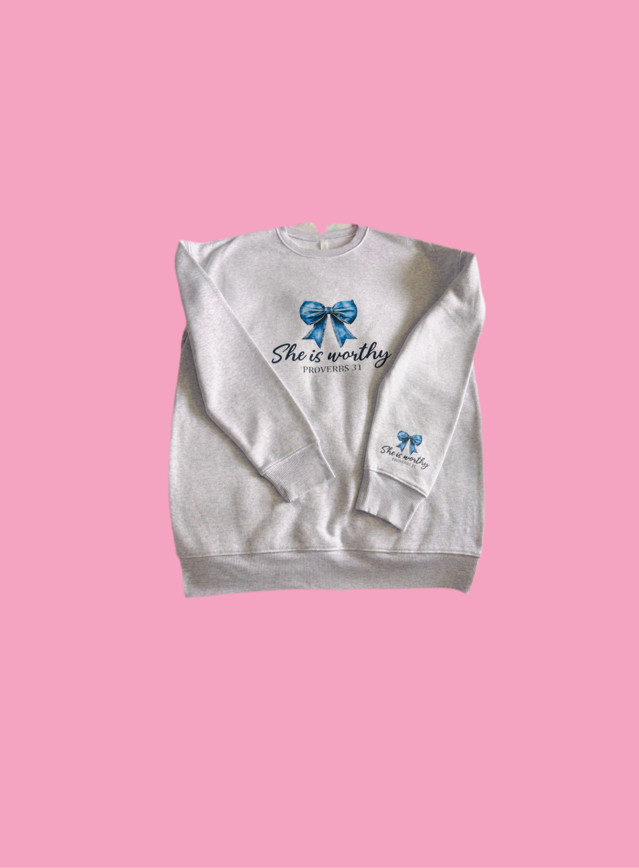 SHE IS WORTHY PROVERBS 31 LIGHT BOW DESIGN HEATHER GREY PULLOVER