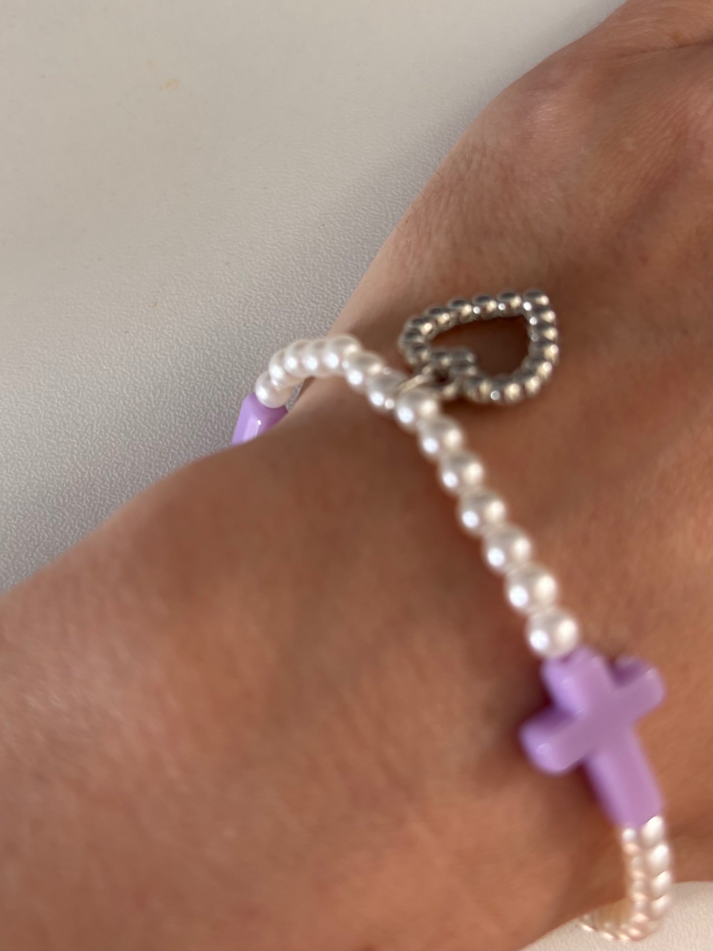 HANDMADE PEARL PURPLE CROSS HEART STRETCH BRACELET 💜