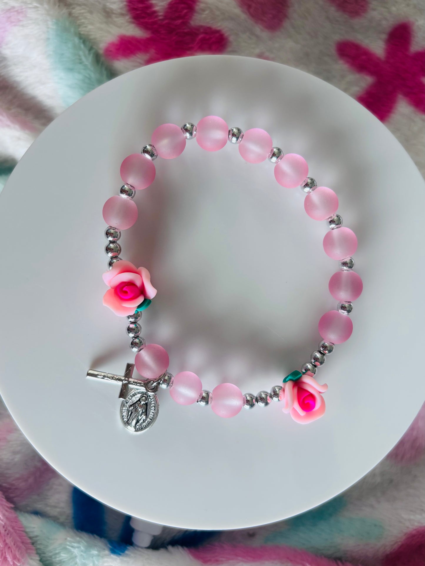AUTOME PINK ROSE ROSARY BRACELET