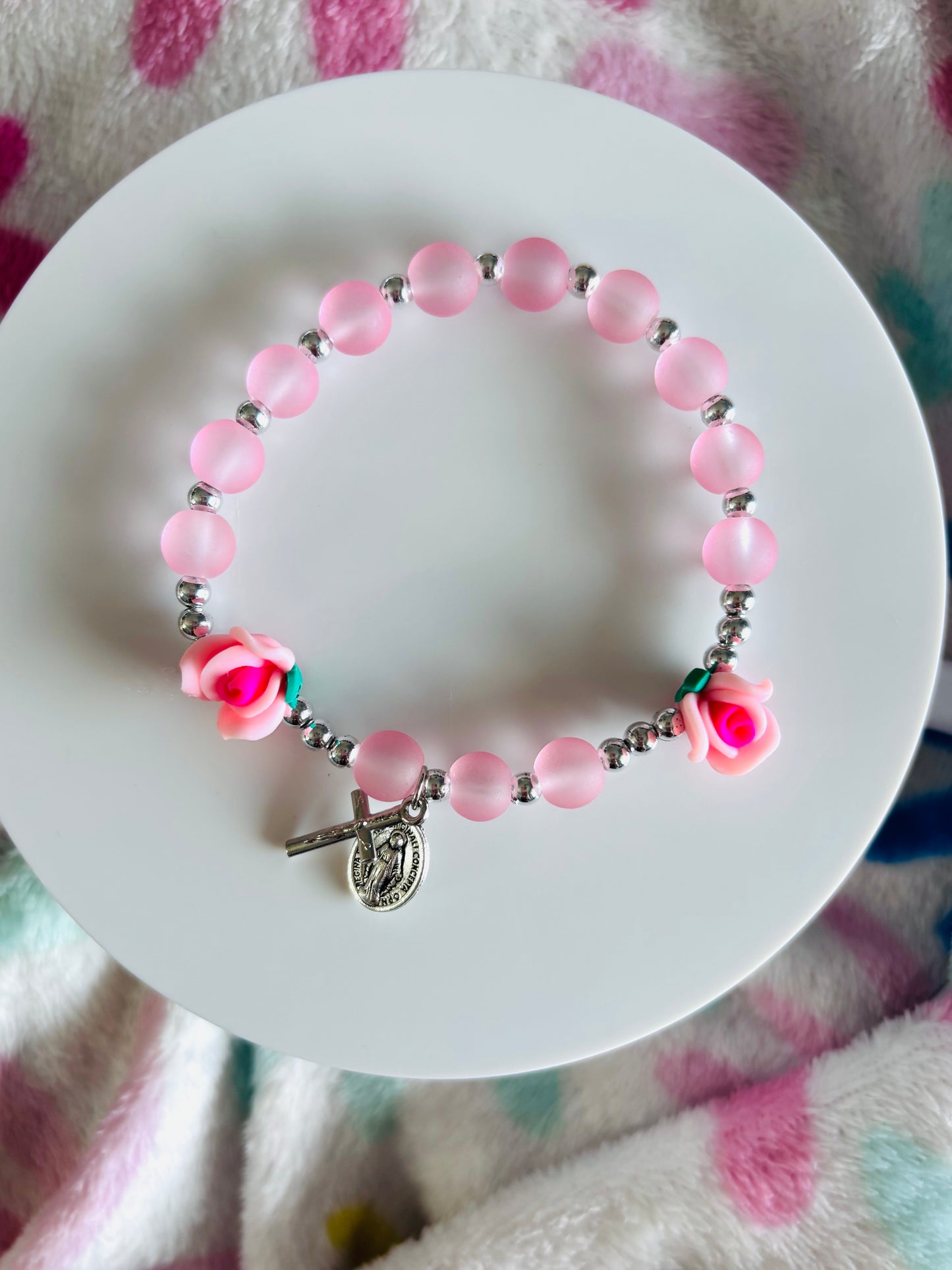 AUTOME PINK ROSE ROSARY BRACELET