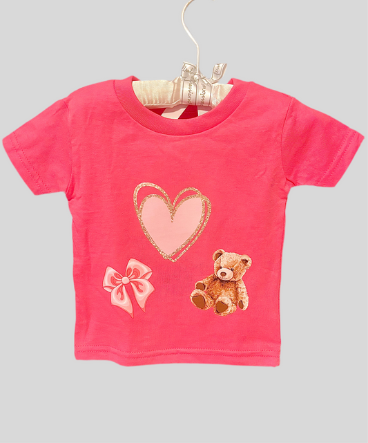 Adorable Hand-Pressed Teddy Bear Heart & Bow Shirt 🧸