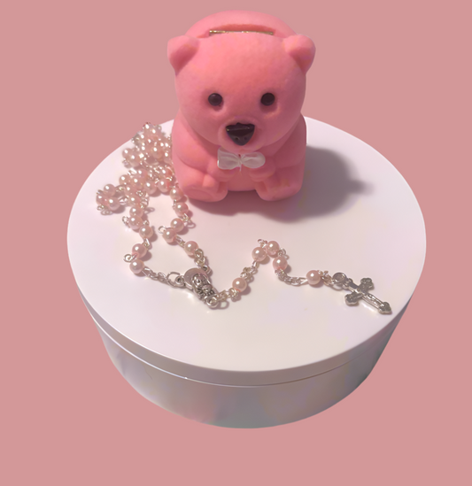 AUTOM PINK PEARL ROSARY SET TEDDY BEAR CASE 🩷