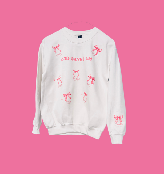Girls Youth Bow God Says I Am Pullover Sweatshirt