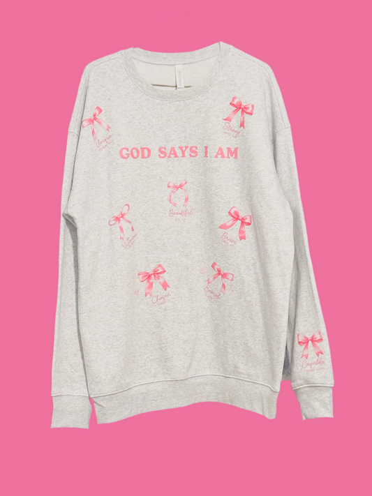 Adult Woman’s Bow God Says I Am Pullover Sweatshirt Heather Grey