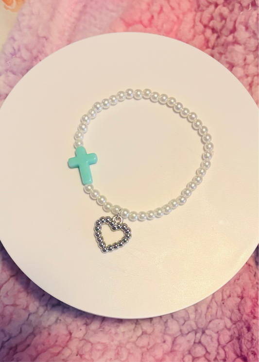 HANDMADE HEART TURQUOISE CROSS PEARL STRETCHY BRACELET