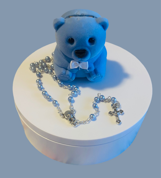 AUTOM BLUE PEARL ROSARY SET WITH TEDDY BEAR CASE 🩵