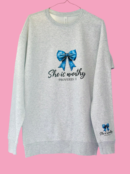SHE IS WORTHY PROVERBS 31 LIGHT BOW DESIGN HEATHER GREY PULLOVER