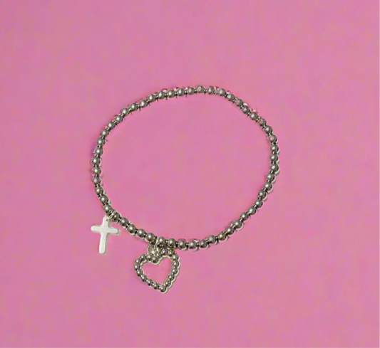 HANDMADE SILVER BEAD HEART CROSS STRETCH BRACELET 🩷