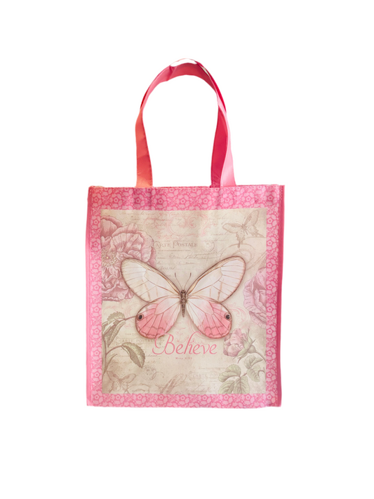 TOTE PINK BUTTERFLY FLORAL BELIEVE         MARK 9:23