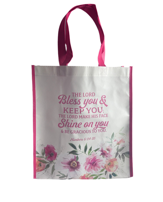 TOTE LORD BLESS YOU & KEEP YOU PINK/ WHITE FLORAL NUMBERS 6:24-25