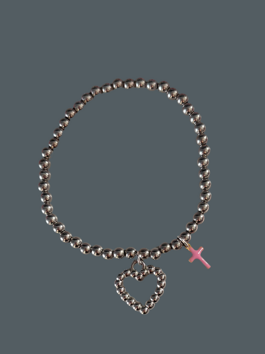 HANDMADE SILVER BEAD HEART PINK CROSS STRETCH BRACELET 🩷