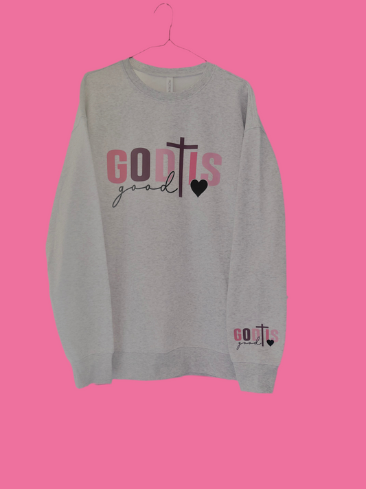 HEATHER GREY GOD IS GOOD PULLOVER 🩷