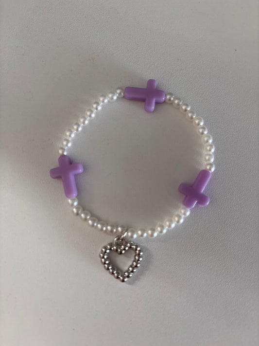 HANDMADE PEARL PURPLE CROSS HEART STRETCH BRACELET 💜