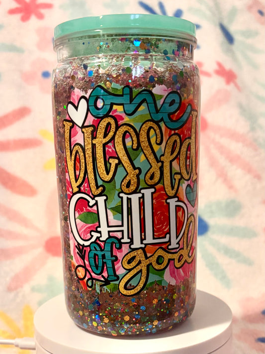 ONE BLESSED CHILD OF GOD 16oz PLASTIC SNOW GLOBE TUMBLER