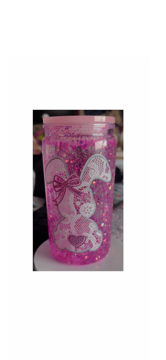 PINK GLITTER BUNNY SNOW GLOB TUMBLER