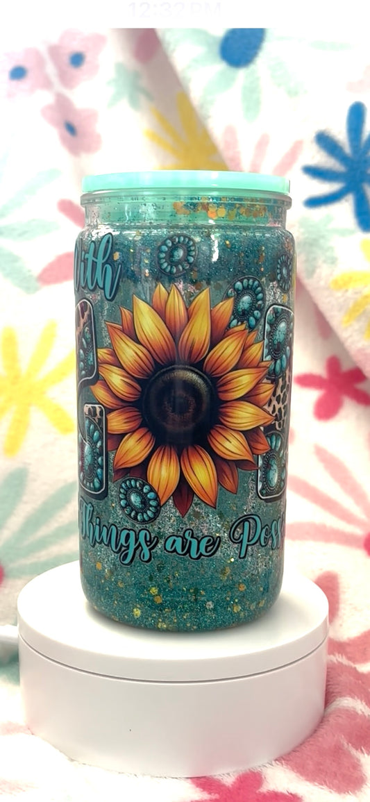 With God All Things Are Possible Sunflower 16oz Snow Globe Tumbler