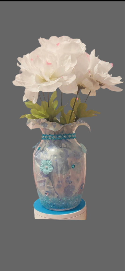 HANDMADE BLUE GLITTER FLOWER VASE
